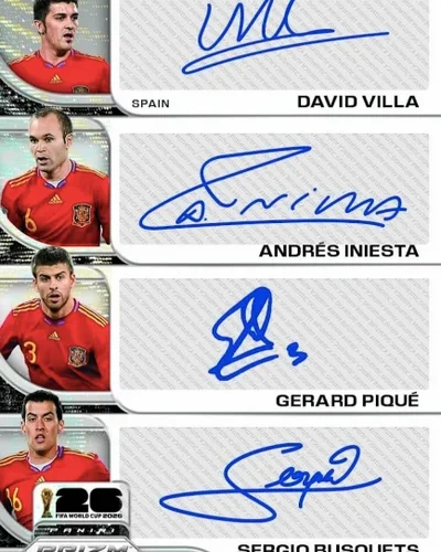 Spain legends autograph card examples featuring David Villa, Andrés Iniesta, Gerard Piqué and Sergio Busquets